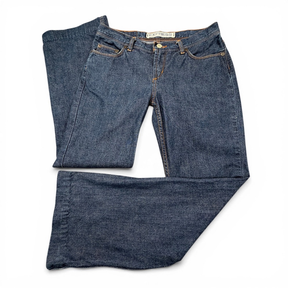 Express Hipster‎ Flare Jeans Womens 3/4 Short Dark Wash Blue Low Rise Y2K Denim